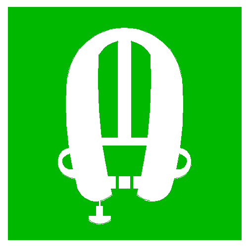 green and white IMO symbol of inflatable life jacket for escape plans on yachts