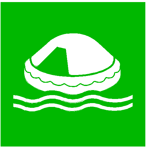 green and white IMO symbol of life raft for escape plans on yachts