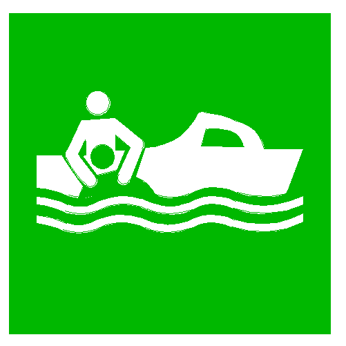 green and white IMO symbol of rescue boat for escape plans on yachts