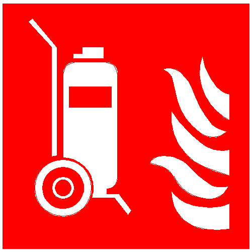 red and white IMO symbol of wheeled fire extinguisher for fire control plan on yachts